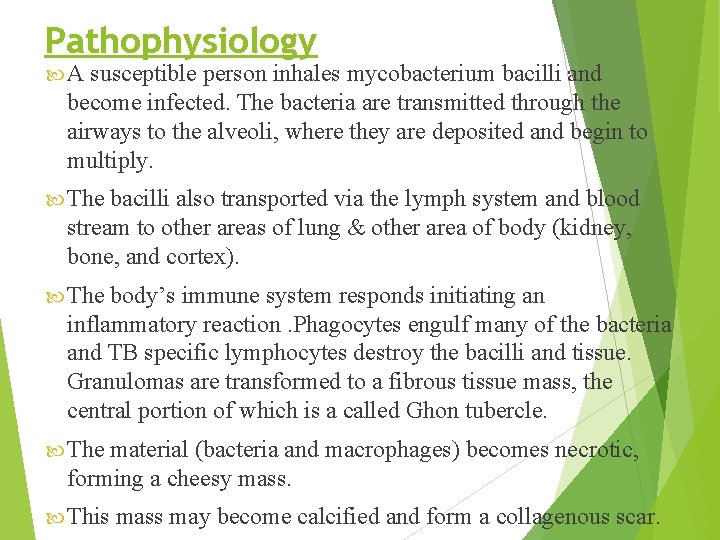 Pathophysiology A susceptible person inhales mycobacterium bacilli and become infected. The bacteria are transmitted