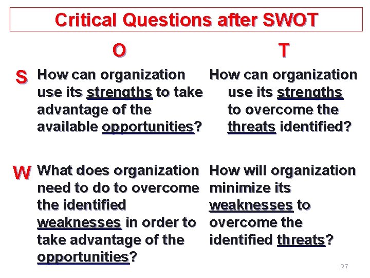 Critical Questions after SWOT O T S How can organization use its strengths to