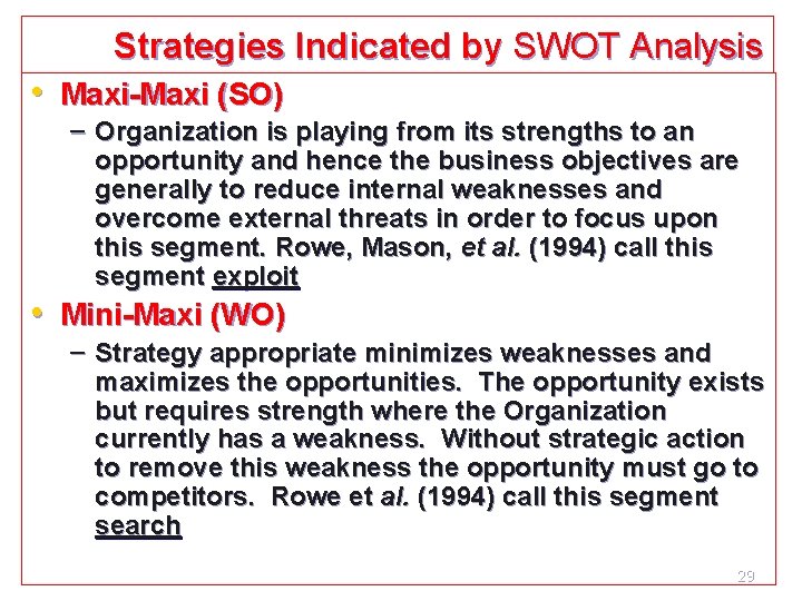 Strategies Indicated by SWOT Analysis • Maxi-Maxi (SO) – Organization is playing from its