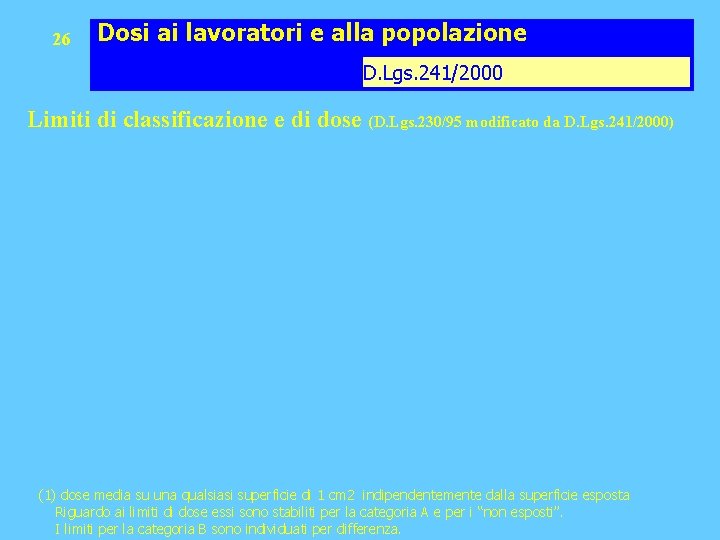 26 Dosi ai lavoratori e alla popolazione D. Lgs. 241/2000 Limiti di classificazione e