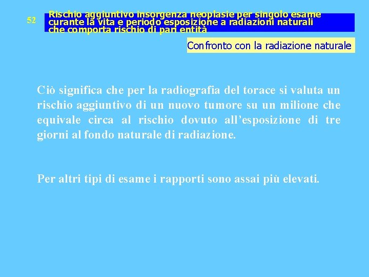 52 Rischio aggiuntivo insorgenza neoplasie per singolo esame curante la vita e periodo esposizione