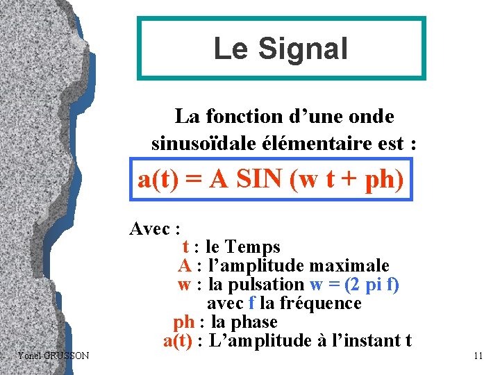 Le Signal La fonction d’une onde sinusoïdale élémentaire est : a(t) = A SIN