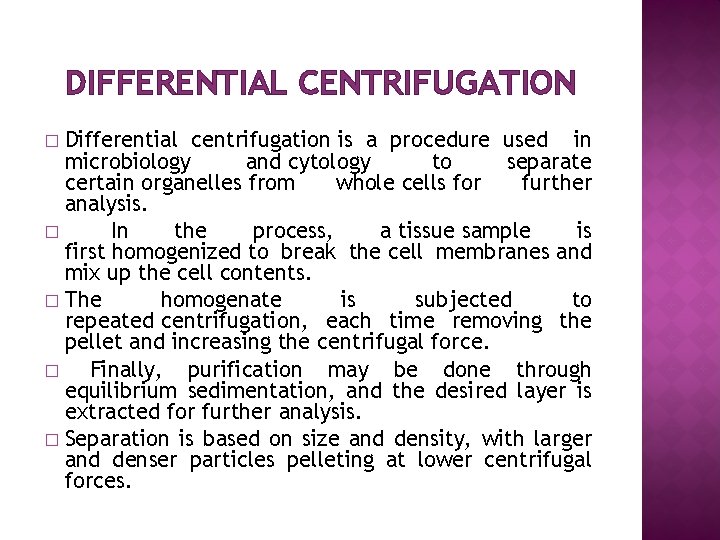 DIFFERENTIAL CENTRIFUGATION Differential centrifugation is a procedure used in microbiology and cytology to separate
