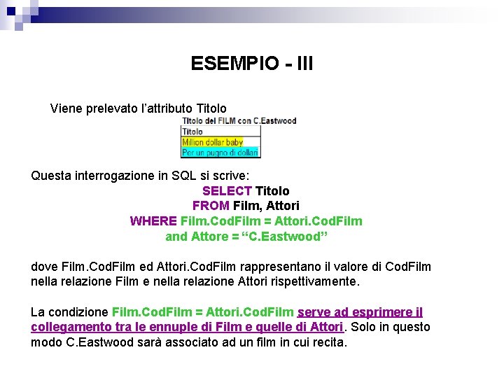 ESEMPIO - III Viene prelevato l’attributo Titolo Questa interrogazione in SQL si scrive: SELECT