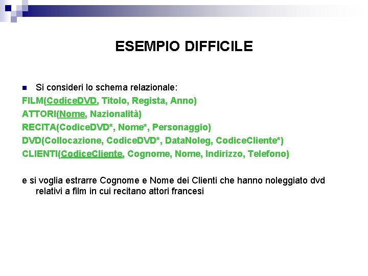 ESEMPIO DIFFICILE Si consideri lo schema relazionale: FILM(Codice. DVD, Titolo, Regista, Anno) ATTORI(Nome, Nazionalità)