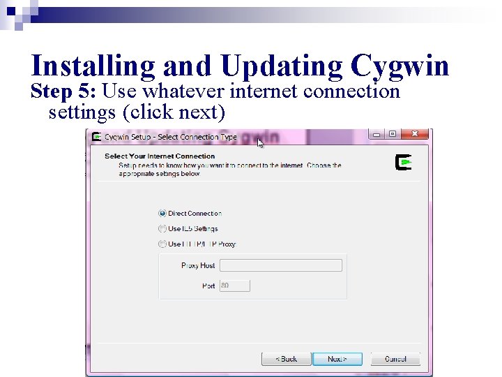 Installing and Updating Cygwin Step 5: Use whatever internet connection settings (click next) 