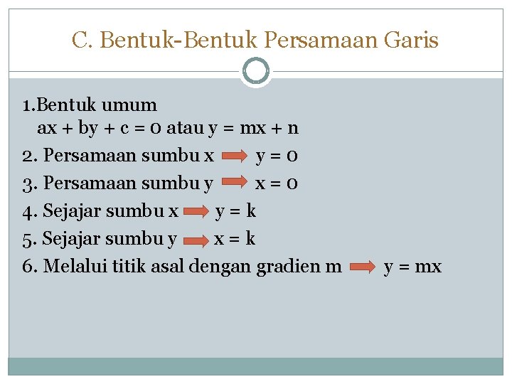 C. Bentuk-Bentuk Persamaan Garis 1. Bentuk umum ax + by + c = 0 C. Bentuk-Bentuk Persamaan Garis 1. Bentuk umum ax + by + c = 0