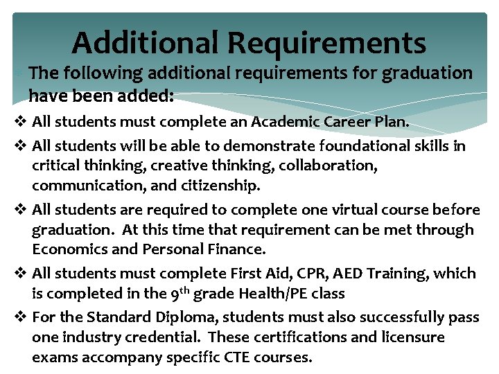 Additional Requirements The following additional requirements for graduation have been added: v All students