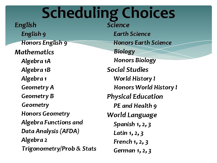 English Scheduling Choices English 9 Honors English 9 Mathematics Algebra 1 A Algebra 1