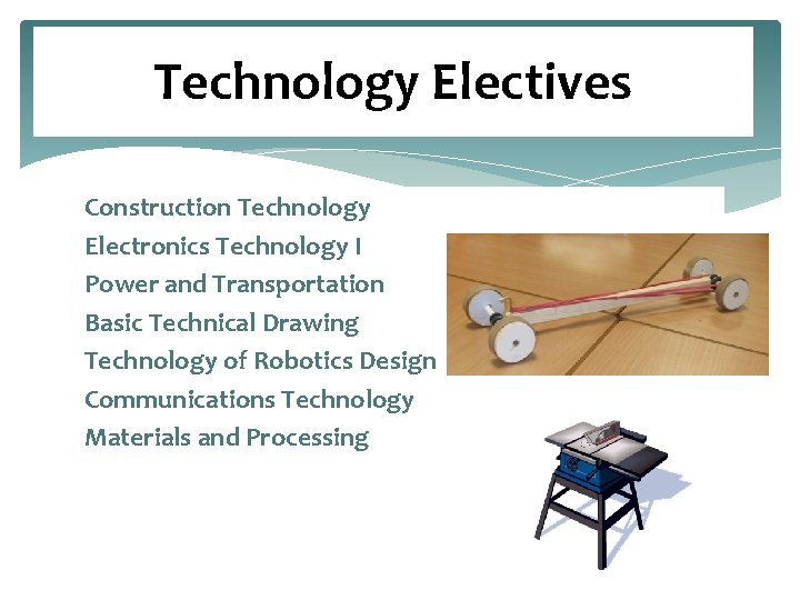 Technology Electives Construction Technology Electronics Technology I Power and Transportation Basic Technical Drawing Technology