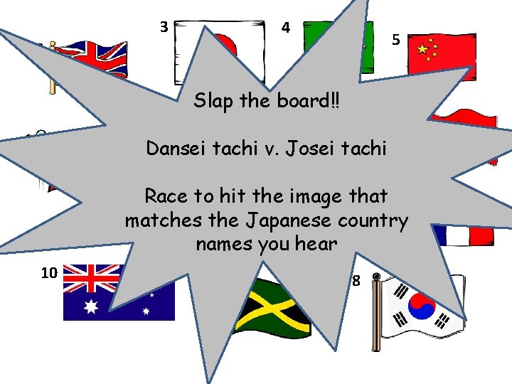 3 4 5 2 Slap the board!! 1 6 Dansei tachi v. Josei tachi