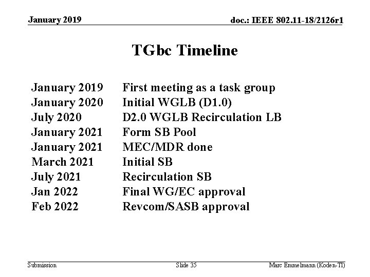 January 2019 doc. : IEEE 802. 11 -18/2126 r 1 TGbc Timeline January 2019