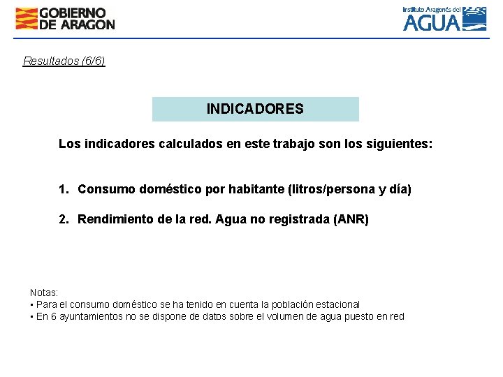 Resultados (6/6) INDICADORES Los indicadores calculados en este trabajo son los siguientes: 1. Consumo