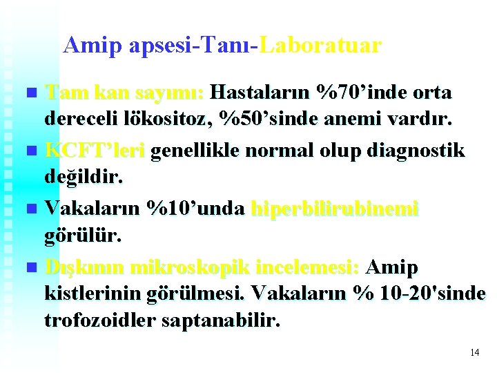 Amip apsesi-Tanı-Laboratuar Tam kan sayımı: Hastaların %70’inde orta dereceli lökositoz, %50’sinde anemi vardır. n Amip apsesi-Tanı-Laboratuar Tam kan sayımı: Hastaların %70’inde orta dereceli lökositoz, %50’sinde anemi vardır. n