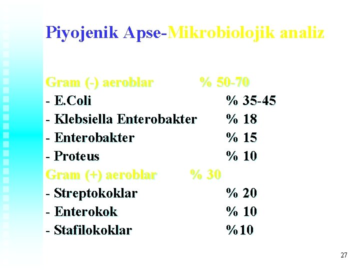 Piyojenik Apse-Mikrobiolojik analiz Gram (-) aeroblar % 50 -70 - E. Coli % 35 Piyojenik Apse-Mikrobiolojik analiz Gram (-) aeroblar % 50 -70 - E. Coli % 35