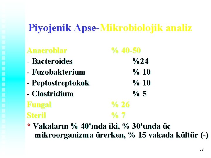 Piyojenik Apse-Mikrobiolojik analiz Anaeroblar % 40 -50 - Bacteroides %24 - Fuzobakterium % 10 Piyojenik Apse-Mikrobiolojik analiz Anaeroblar % 40 -50 - Bacteroides %24 - Fuzobakterium % 10