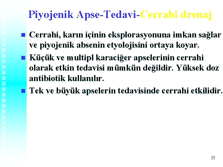 Piyojenik Apse-Tedavi-Cerrahi drenaj n n n Cerrahi, karın içinin eksplorasyonuna imkan sağlar ve piyojenik Piyojenik Apse-Tedavi-Cerrahi drenaj n n n Cerrahi, karın içinin eksplorasyonuna imkan sağlar ve piyojenik