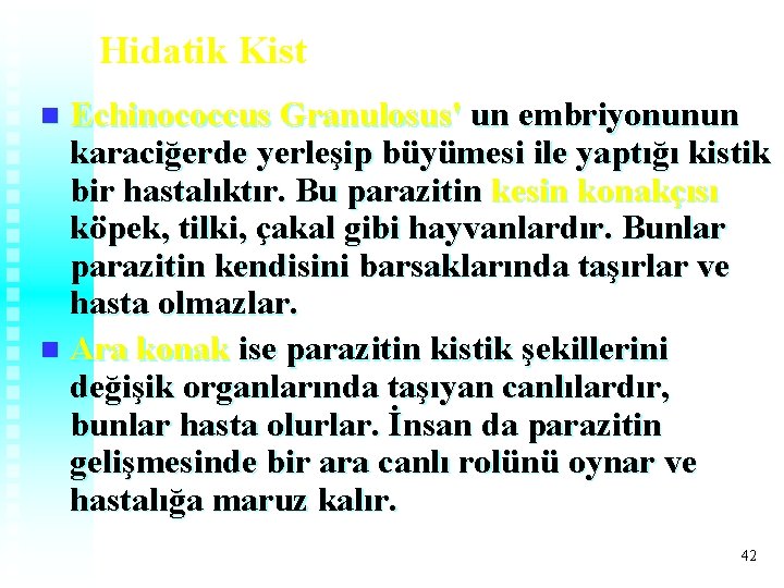 Hidatik Kist Echinococcus Granulosus' un embriyonunun karaciğerde yerleşip büyümesi ile yaptığı kistik bir hastalıktır. Hidatik Kist Echinococcus Granulosus' un embriyonunun karaciğerde yerleşip büyümesi ile yaptığı kistik bir hastalıktır.