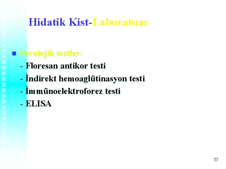 Hidatik Kist-Laboratuar n Serolojik testler: - Floresan antikor testi - İndirekt hemoaglütinasyon testi - Hidatik Kist-Laboratuar n Serolojik testler: - Floresan antikor testi - İndirekt hemoaglütinasyon testi -