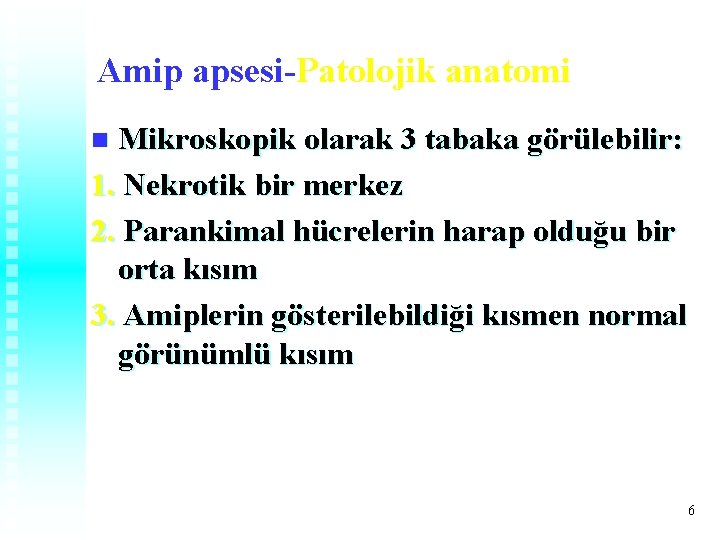 Amip apsesi-Patolojik anatomi Mikroskopik olarak 3 tabaka görülebilir: 1. Nekrotik bir merkez 2. Parankimal Amip apsesi-Patolojik anatomi Mikroskopik olarak 3 tabaka görülebilir: 1. Nekrotik bir merkez 2. Parankimal