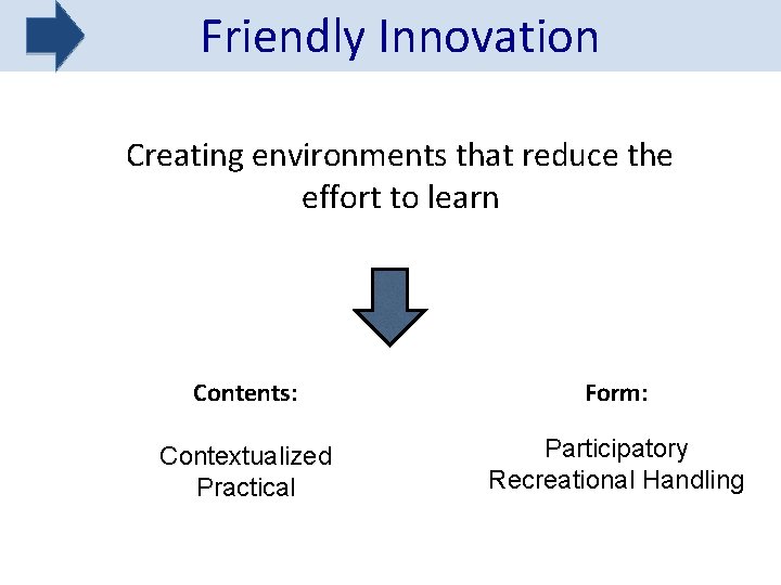 Friendly Innovation Creating environments that reduce the effort to learn Contents: Form: Contextualized Practical