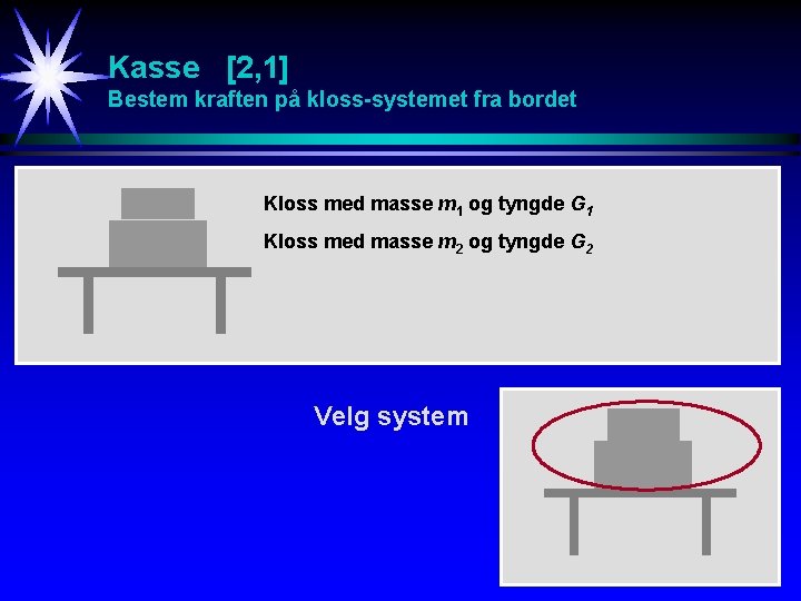 Kasse [2, 1] Bestem kraften på kloss-systemet fra bordet Kloss med masse m 1