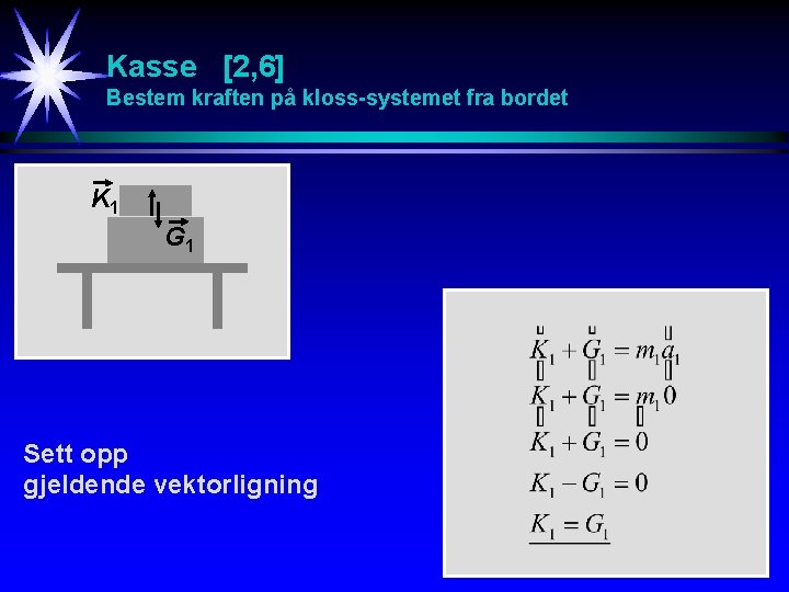 Kasse [2, 6] Bestem kraften på kloss-systemet fra bordet K 1 G 1 Sett