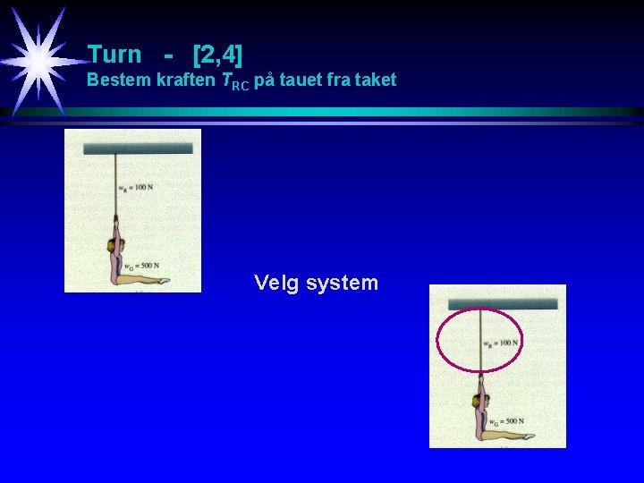 Turn - [2, 4] Bestem kraften TRC på tauet fra taket Velg system 