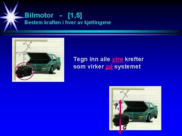 Bilmotor - [1, 5] Bestem kraften i hver av kjettingene Tegn inn alle ytre