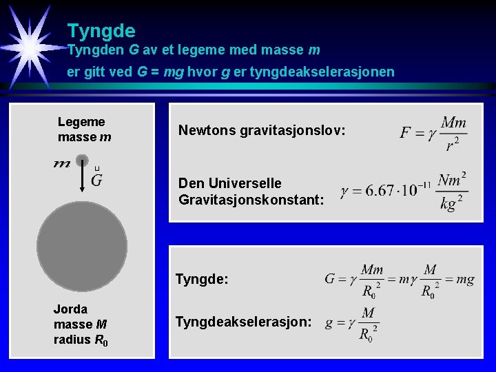 Tyngden G av et legeme med masse m er gitt ved G = mg