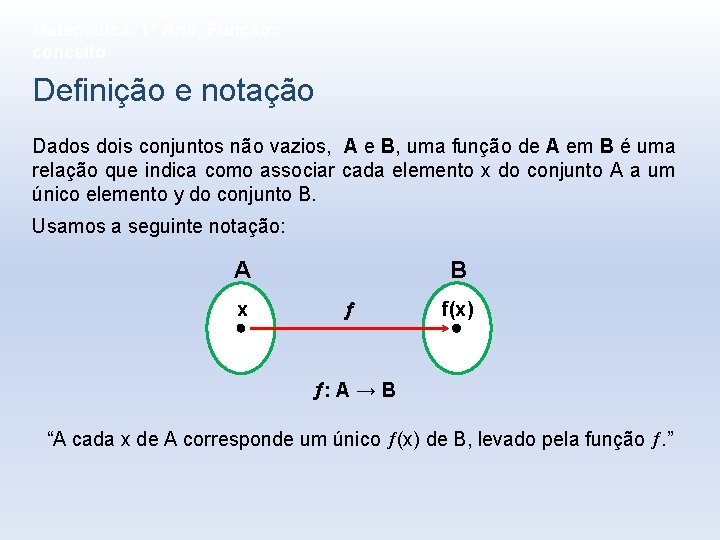 Matemática, 1º Ano, Função: conceito Definição e notação Dados dois conjuntos não vazios, A Matemática, 1º Ano, Função: conceito Definição e notação Dados dois conjuntos não vazios, A