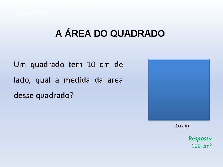 Matemática, 9º ano, Função do 1º grau conceitos iniciais A ÁREA DO QUADRADO Um