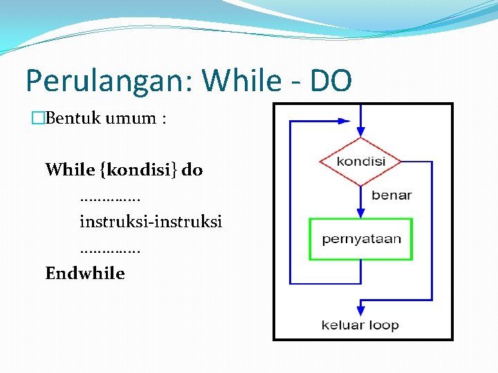 Perulangan: While - DO �Bentuk umum : While {kondisi} do …………. . instruksi-instruksi ………….