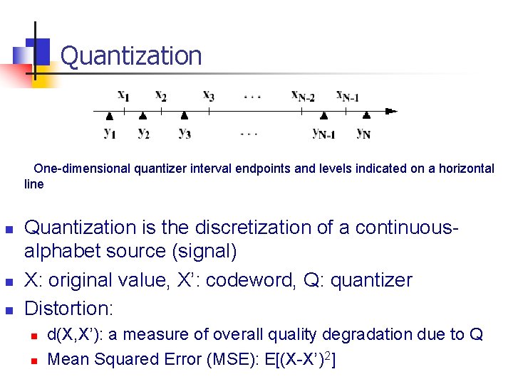 Quantization One-dimensional quantizer interval endpoints and levels indicated on a horizontal line n n