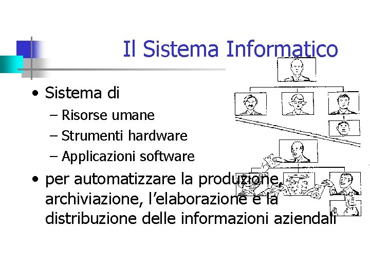 Il Sistema Informatico • Sistema di – Risorse umane – Strumenti hardware – Applicazioni