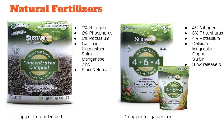 Natural Fertilizers ● ● ● 1 cup per full garden bed 2% Nitrogen 6%