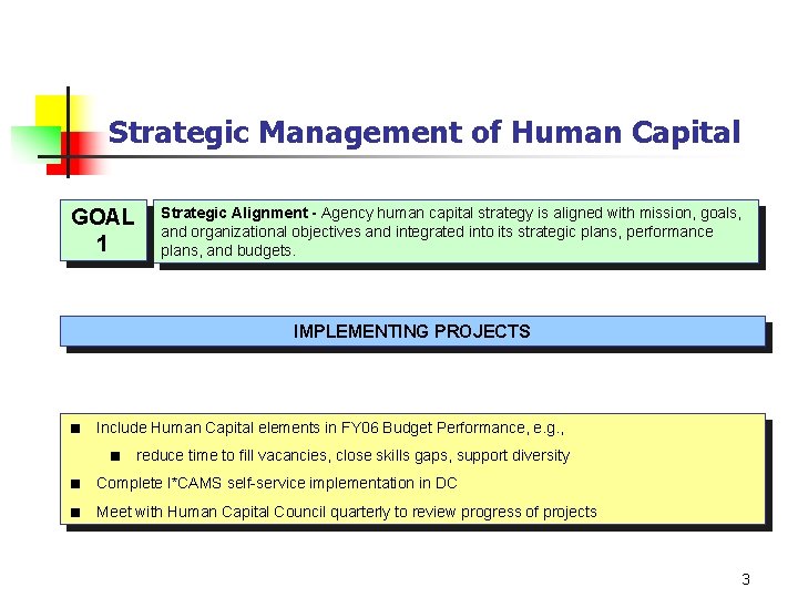 Strategic Management of Human Capital GOAL 1 Strategic Alignment - Agency human capital strategy