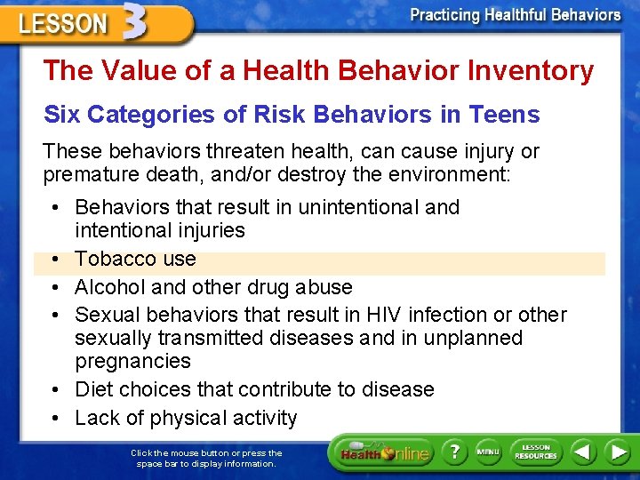 The Value of a Health Behavior Inventory Six Categories of Risk Behaviors in Teens