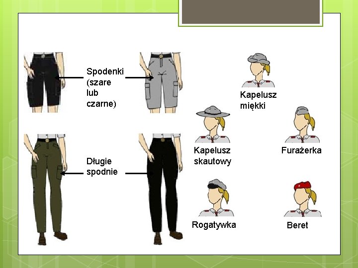 Spodenki (szare lub czarne) Długie spodnie Kapelusz miękki Kapelusz skautowy Rogatywka Furażerka Beret 