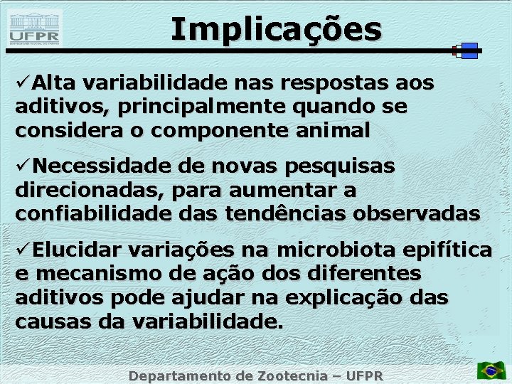 Implicações üAlta variabilidade nas respostas aos aditivos, principalmente quando se considera o componente animal