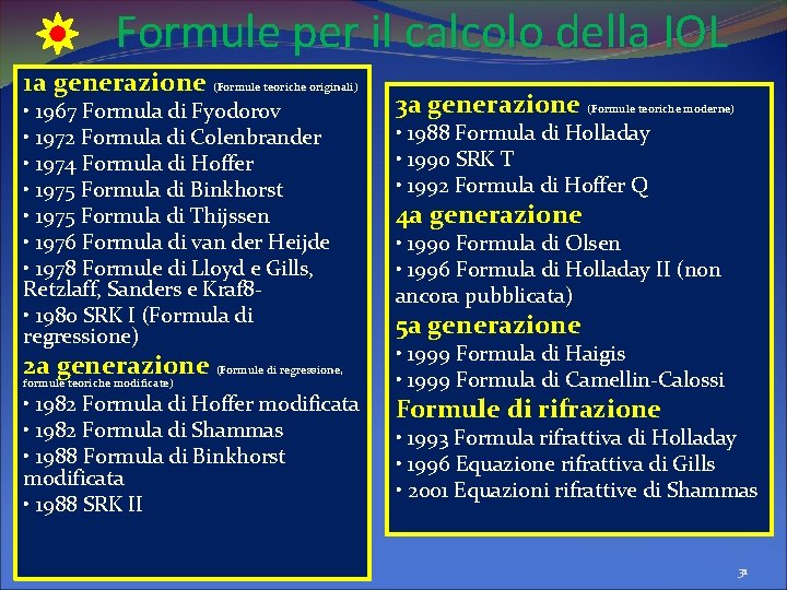 Formule per il calcolo della IOL 1 a generazione (Formule teoriche originali) • 1967 Formule per il calcolo della IOL 1 a generazione (Formule teoriche originali) • 1967