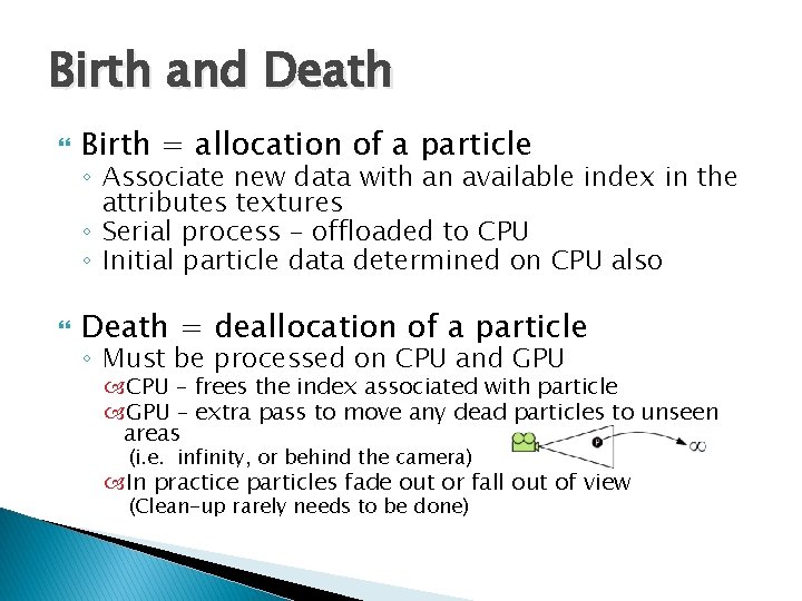 Birth and Death Birth = allocation of a particle Death = deallocation of a