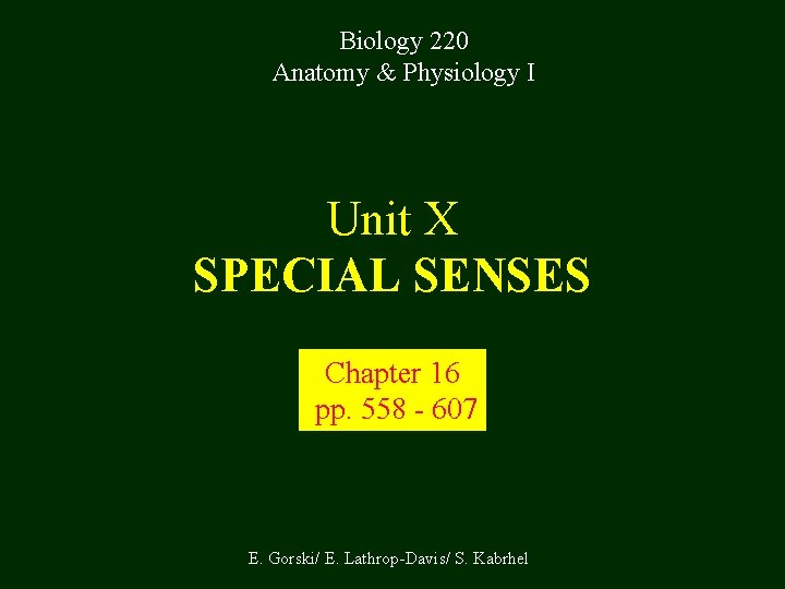 Biology 220 Anatomy & Physiology I Unit X SPECIAL SENSES Chapter 16 pp. 558