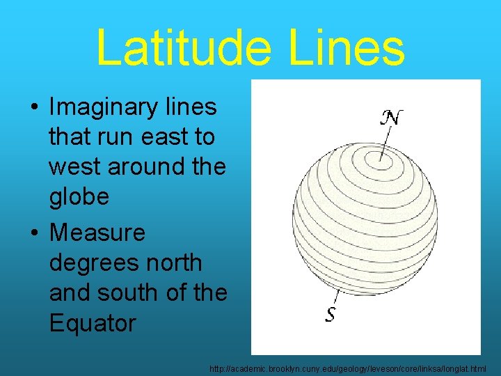Latitude Lines • Imaginary lines that run east to west around the globe •