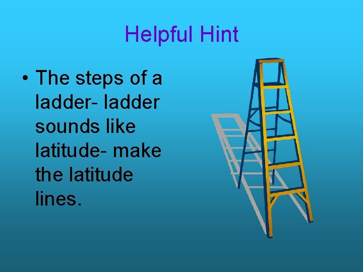 Helpful Hint • The steps of a ladder- ladder sounds like latitude- make the
