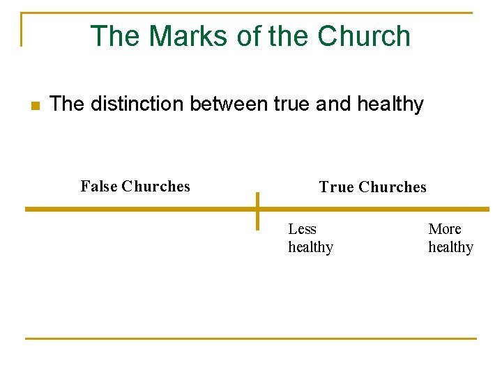 The Marks of the Church n The distinction between true and healthy False Churches