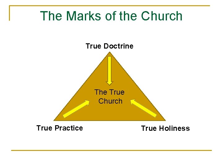 The Marks of the Church True Doctrine The True Church True Practice True Holiness