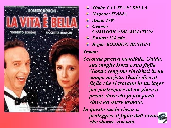 Titolo: LA VITA E’ BELLA Nazione: ITALIA Anno: 1997 Genere: COMMEDIA/DRAMMATICO Durata: 128 min.