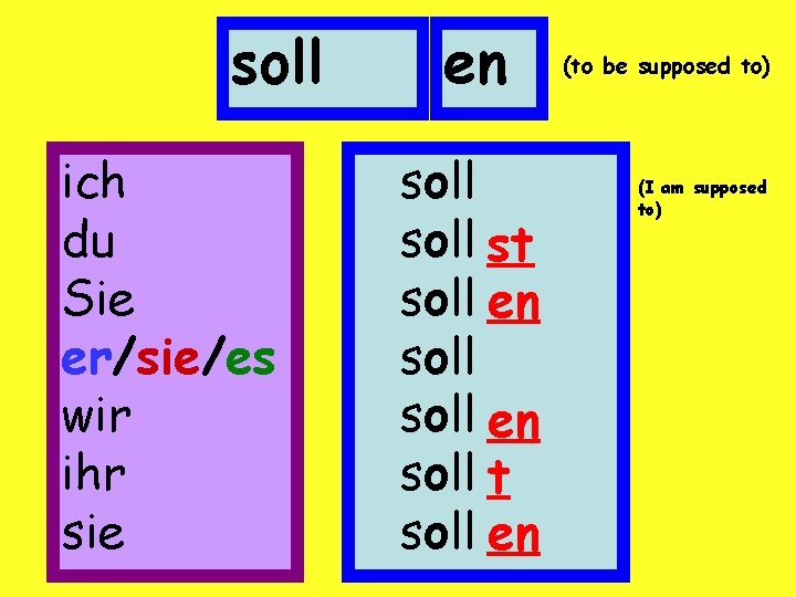 soll ich du Sie er/sie/es wir ihr sie en soll st soll en soll