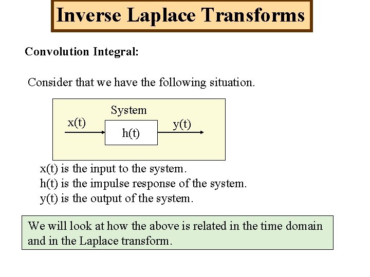 Inverse Laplace Transforms Convolution Integral: Consider that we have the following situation. x(t) System